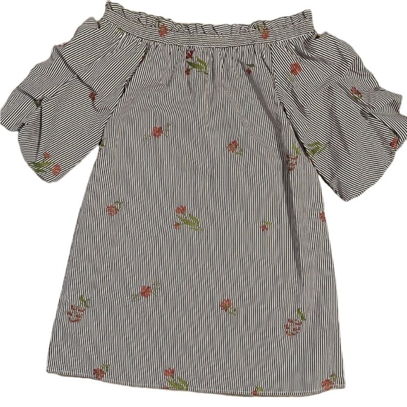Le Lis Size Medium Striped Off Shoulder Ruffle Sleeve Embroidered Mini Dress - Picture 1 of 9